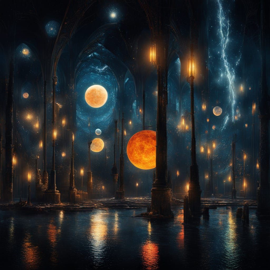 ...and a shrouded, lurking Moon rose from The River, just off town. Overshadowing the Celestial Moon - giving darkly glo...