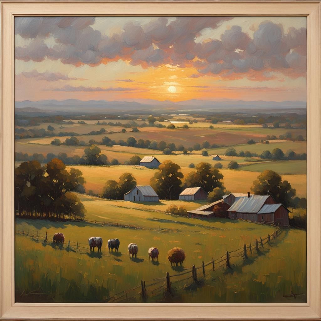 Peaceful Farm Landscape at Sunset in Oil Painting Style