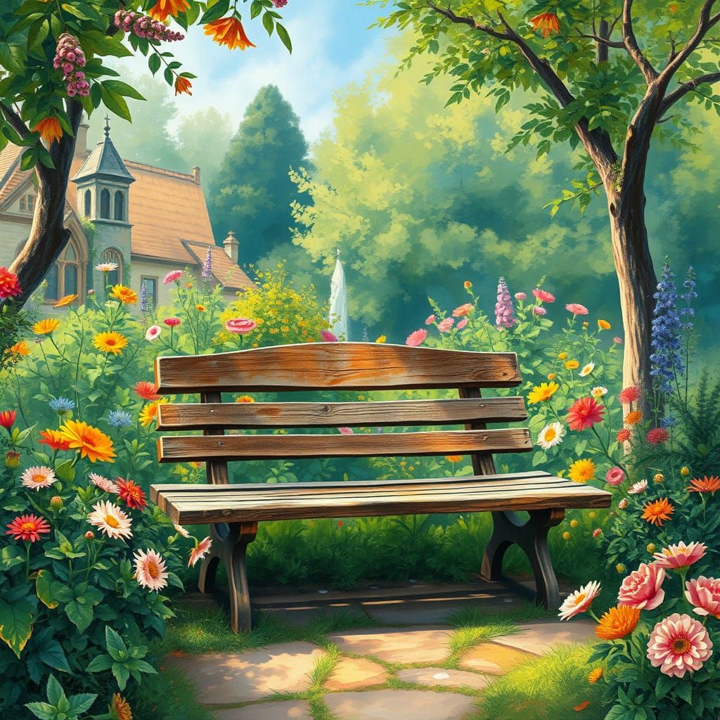 Floral Park Bench in Ethereal Charcoal Drawing Style