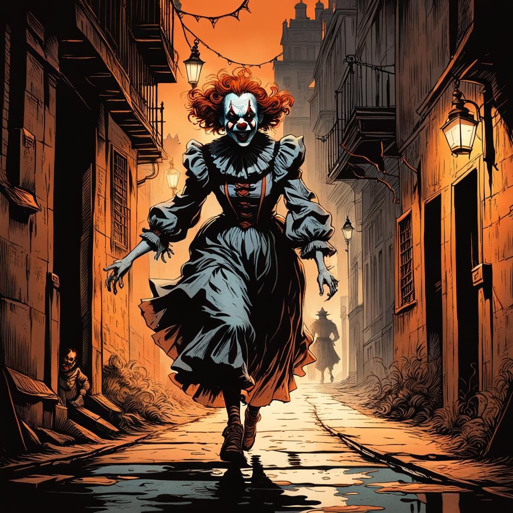 Terrified Girl Chased by Clown in Gothic Horror Style