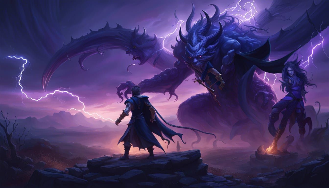 Sorcerer's Lightning Strikes Demon in Dark Fantasy Art