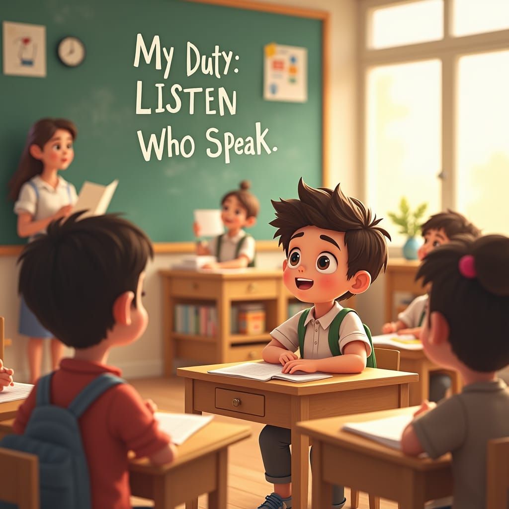 Attentive Child in Classroom, Educational Illustration