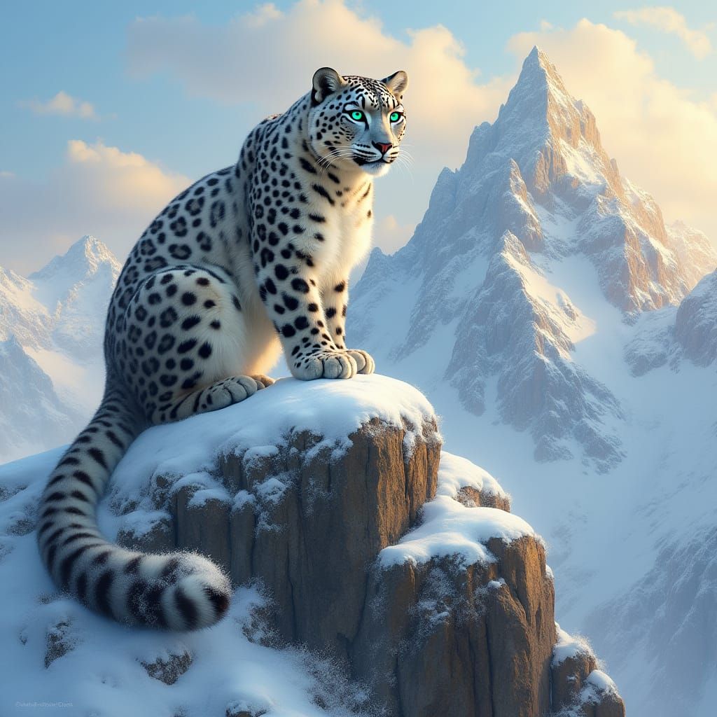 Majestic Snow Leopard on Snowy Mountain Peak in Golden Light