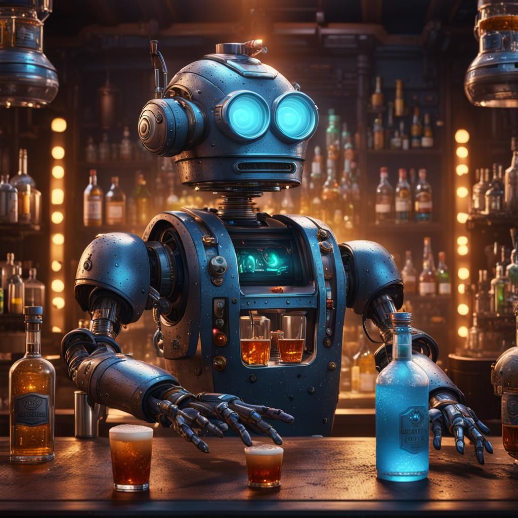 Robot Bartender in Detailed Matte Painting Style