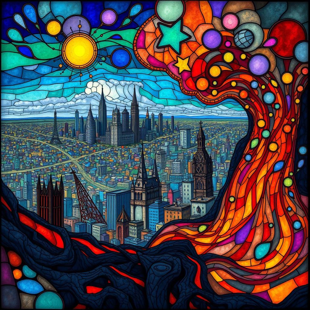 a cityscape on the distant horizon, in molten lava; made of stained glass