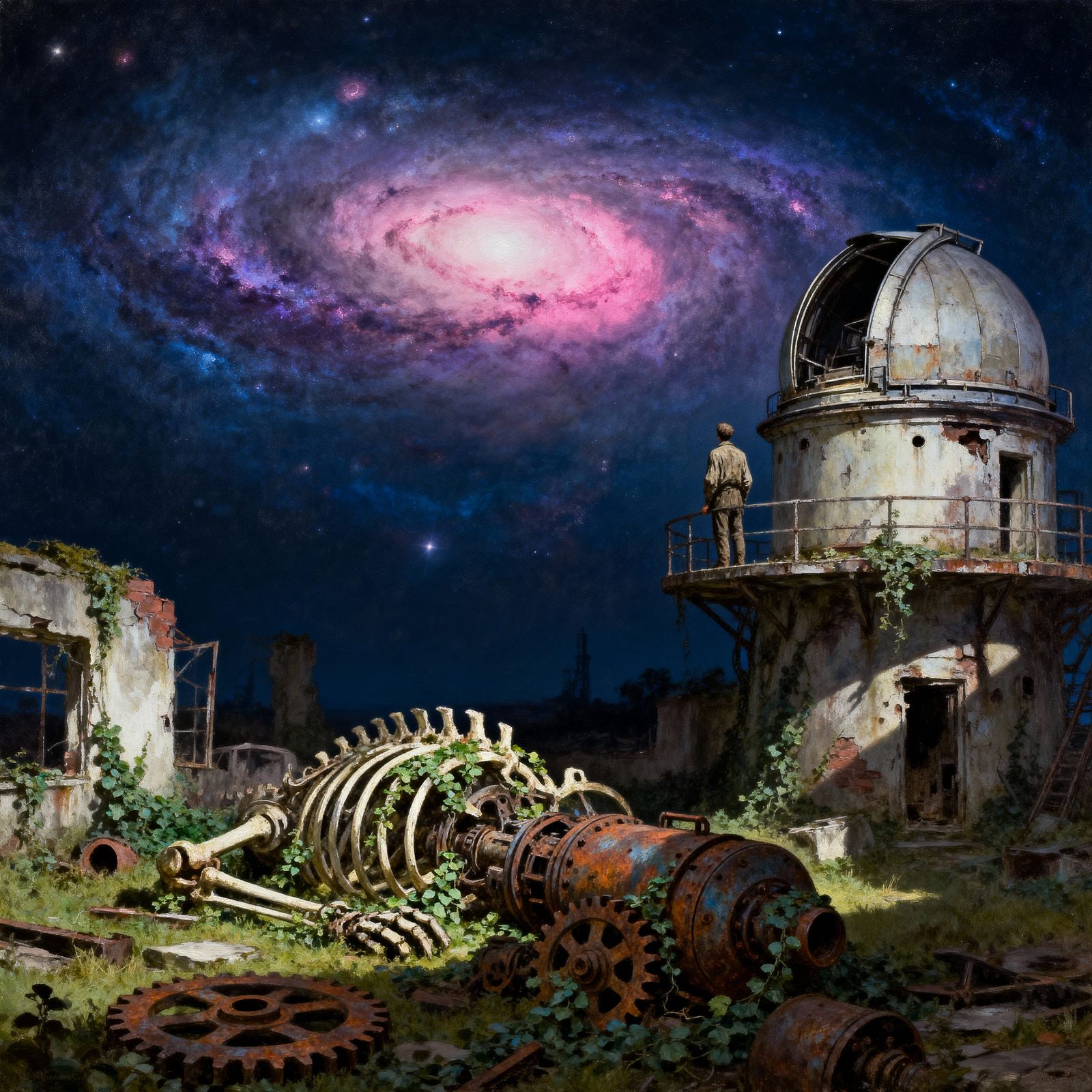 Man Gazes at Nebula from Ruined Observatory