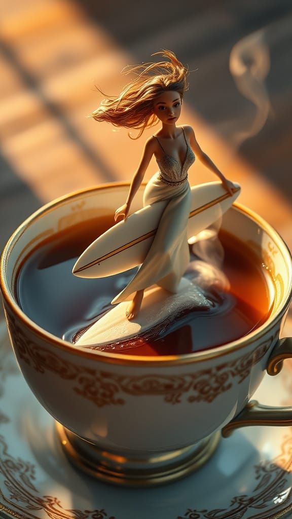Woman Rides Coffee Cup Wave in Hyperrealistic 8k Art