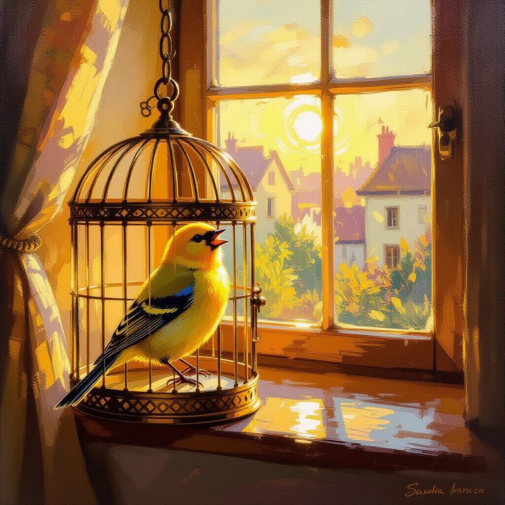Vibrant Canary Sings in Golden Cage at Dawn