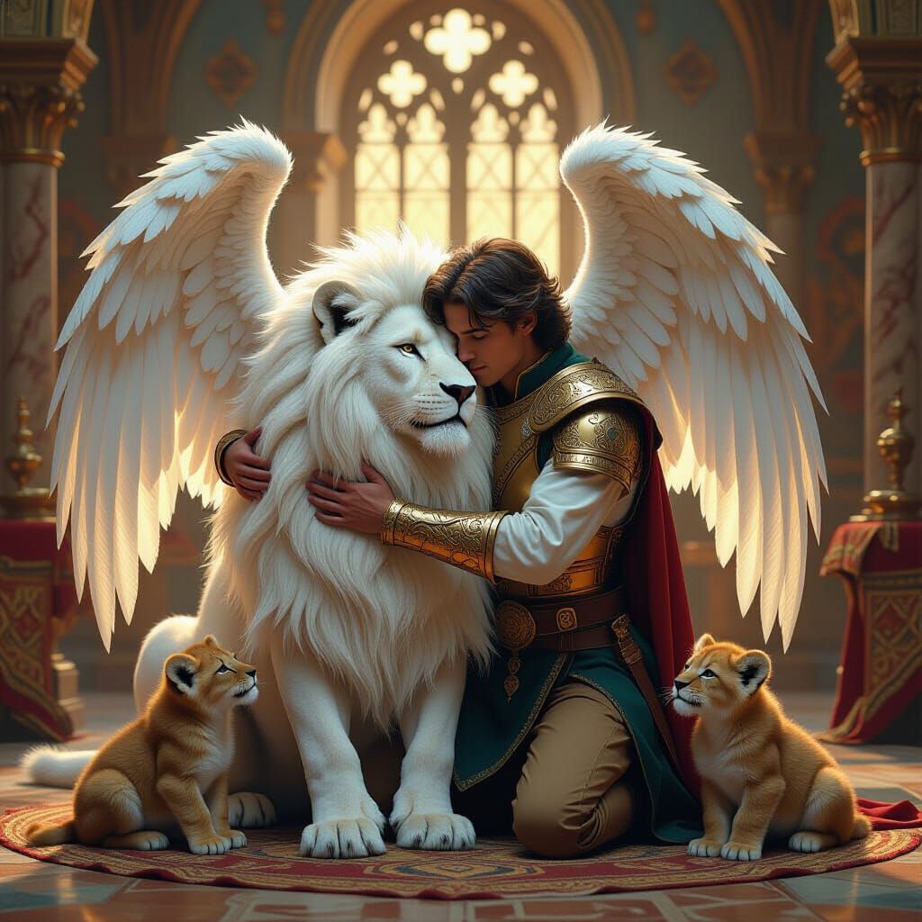 Healer Embracing Lion Cub in Neo-Medieval Style