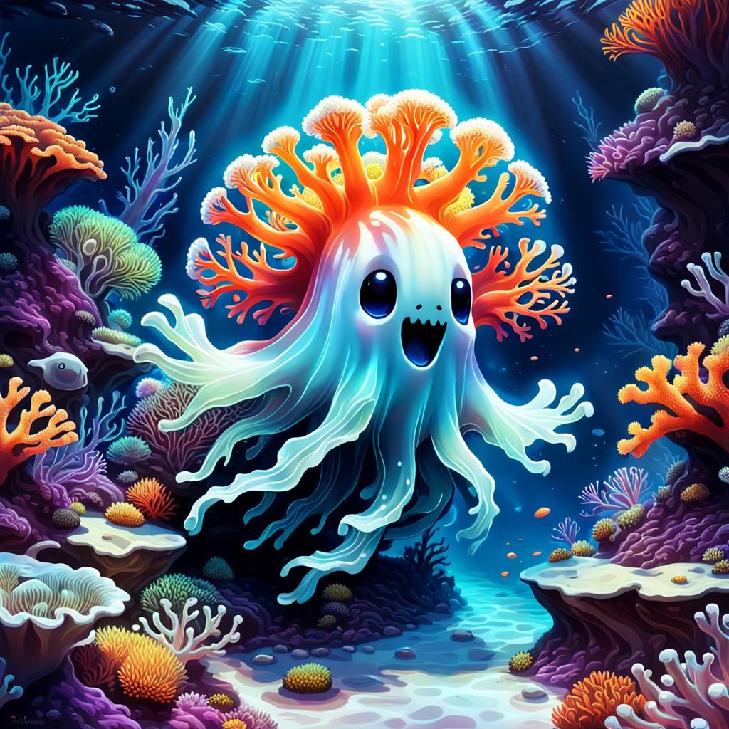 Cute Ghost Swims a Vibrant Coral Reef