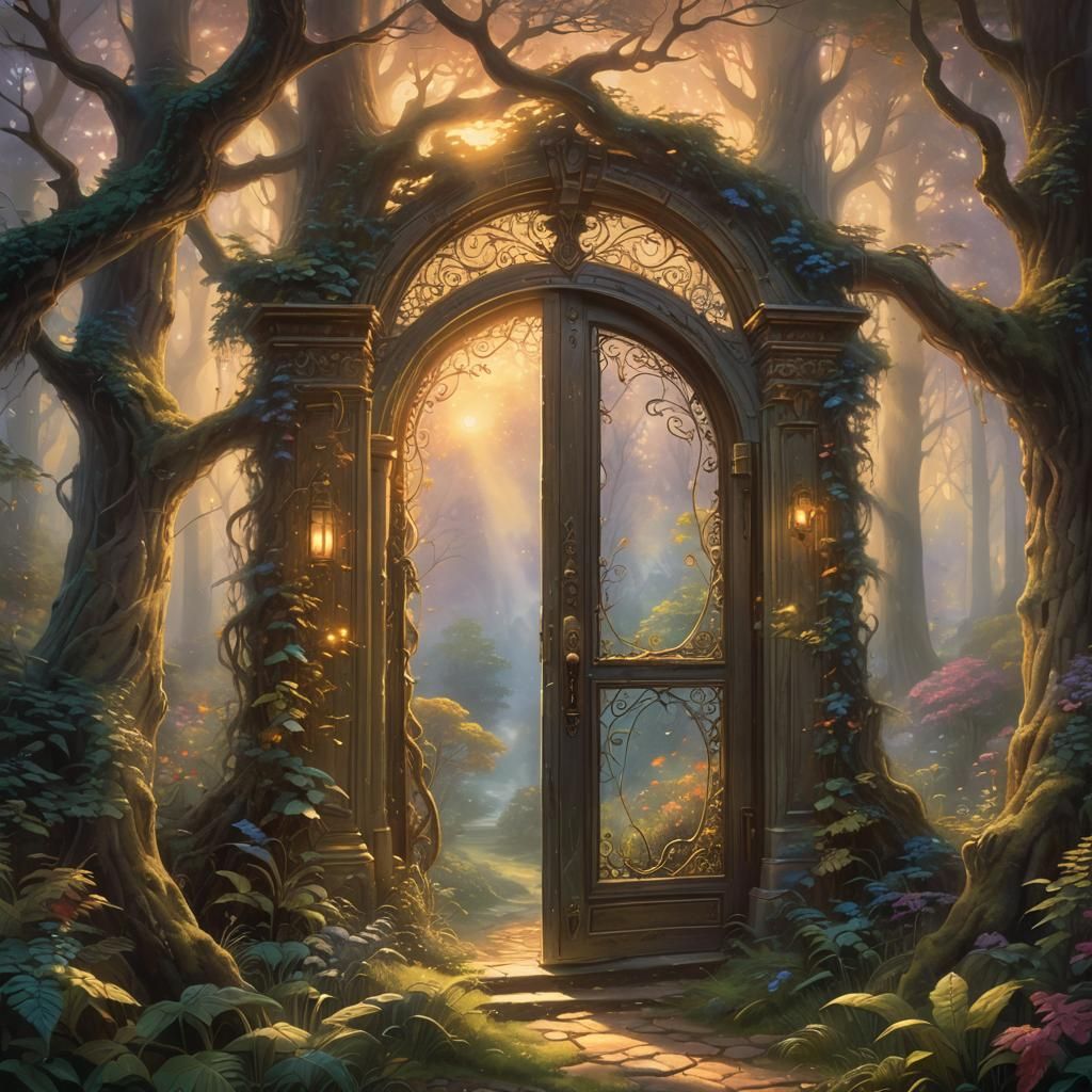 Mystical Forest: Ornate Door in Ethereal Light