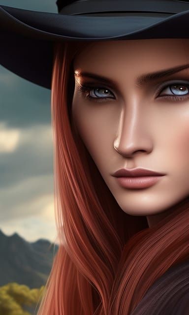 Detailed Matte Painting of a Red-Haired Cowgirl