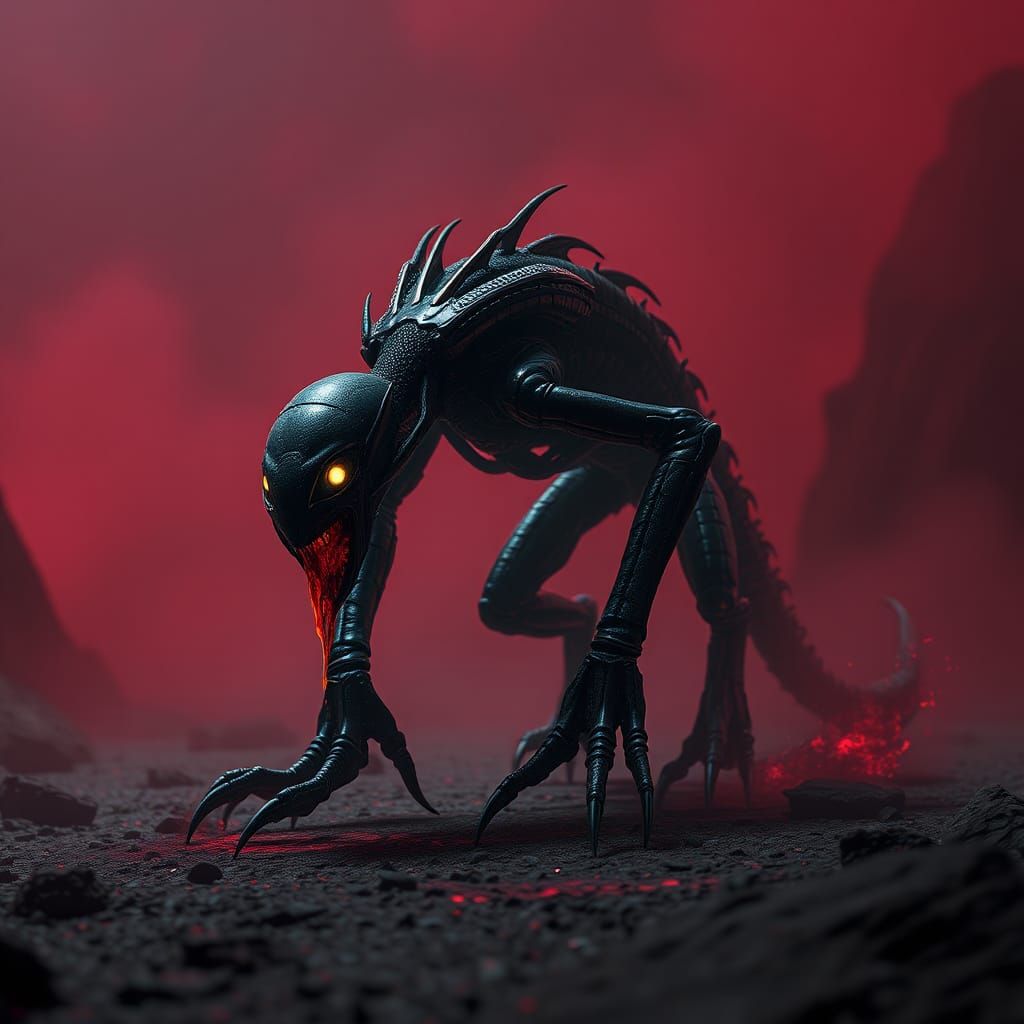 Biomechanical Predator in Alien Wasteland, Dark Sci-Fi Art