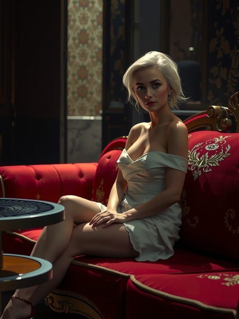 Woman in White Dress on Red Couch - Cinematic Lighting