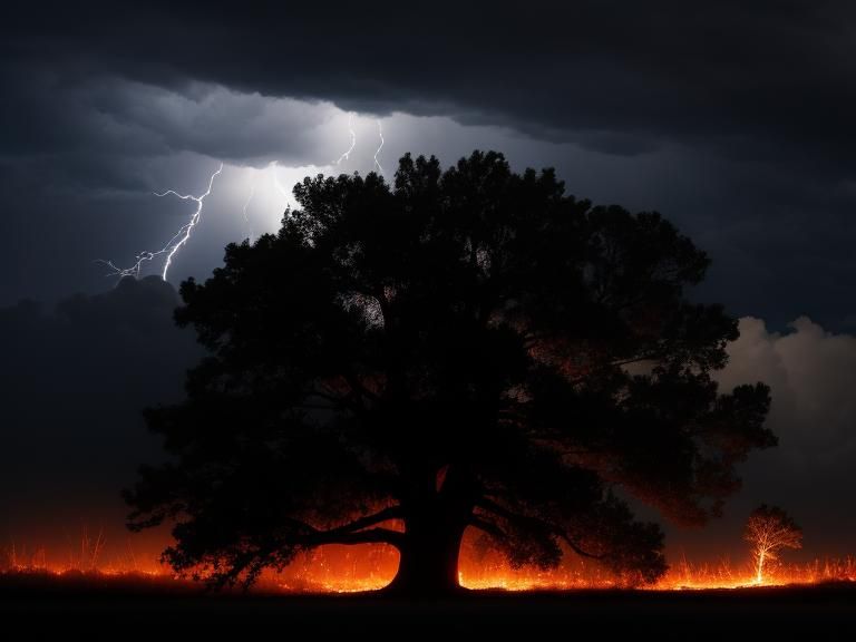 Lightning Strikes Tree Igniting Flames on Stormy Night