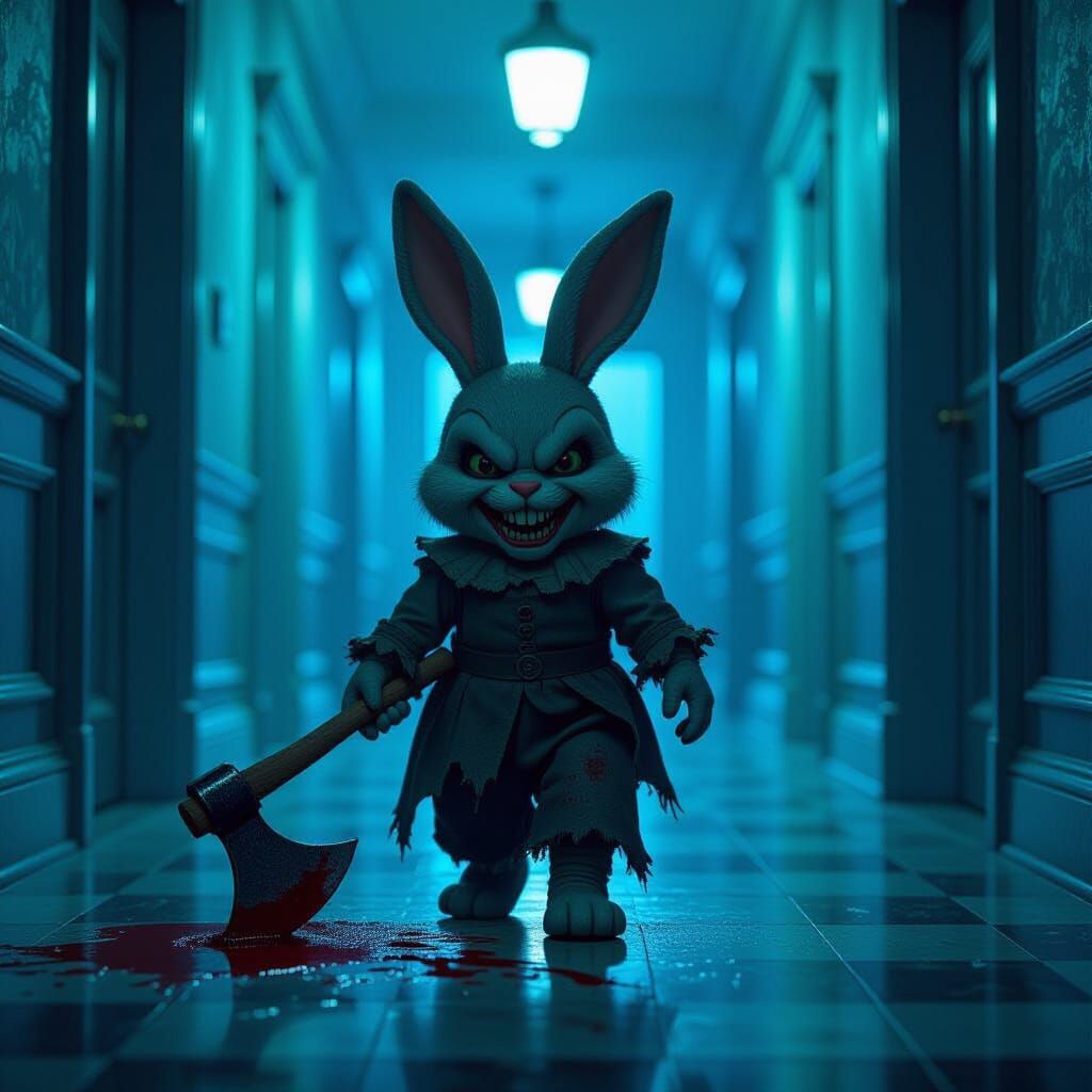 Creepy Bunny Toy Drags Bloody Axe in Dim Hallway