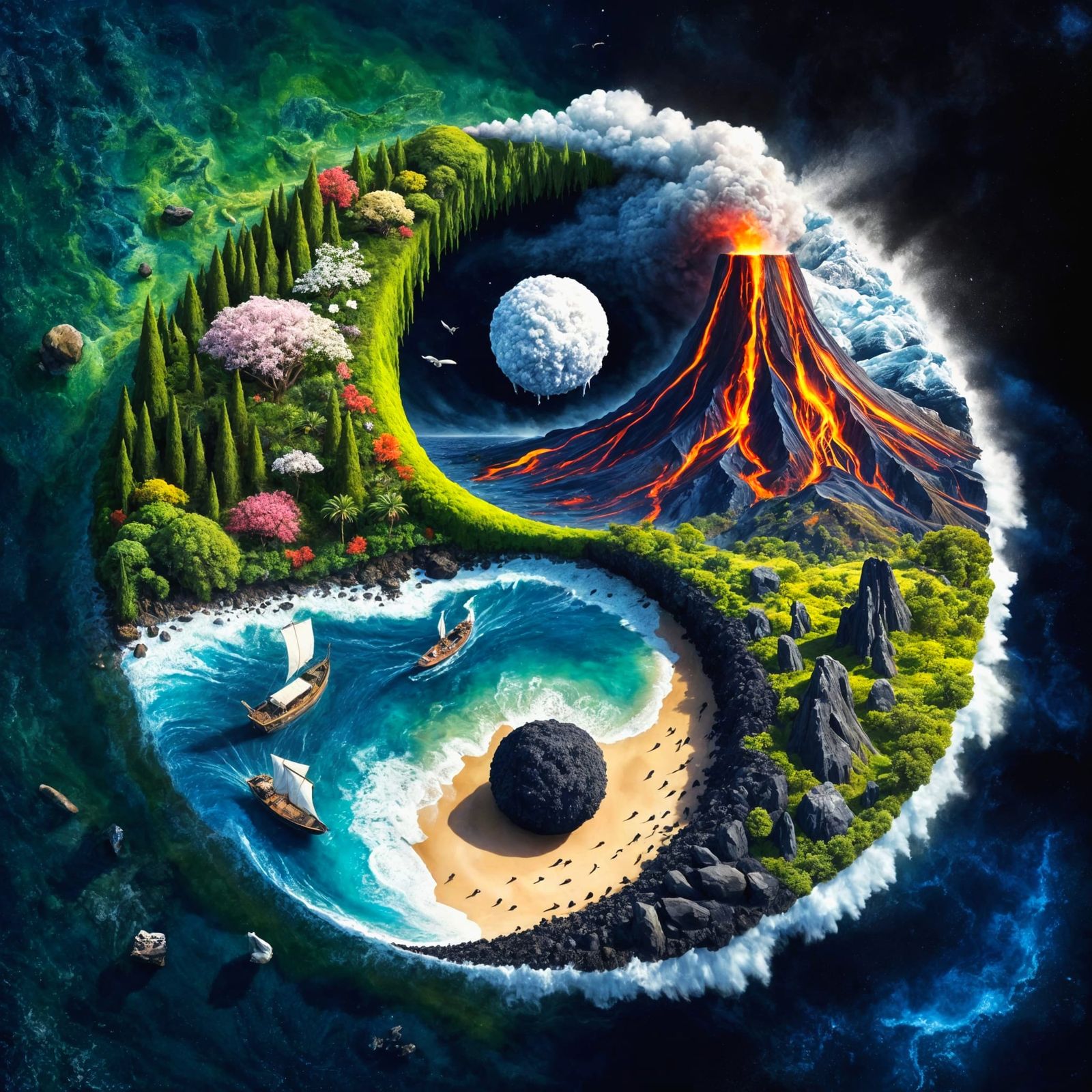 Hyper-Realistic Yin-Yang Symbol with Contrasting Landscapes