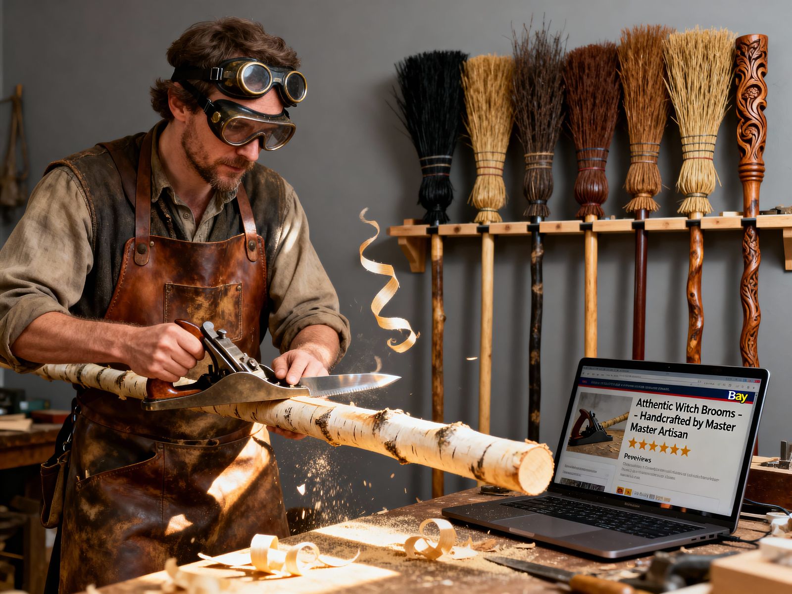 Magical Carpenter Crafts Witch Broomsticks in Realistic Phot...