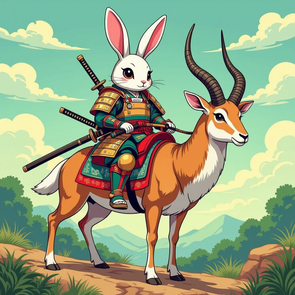 Bunny Samurai on Antelope, Fantastical Art