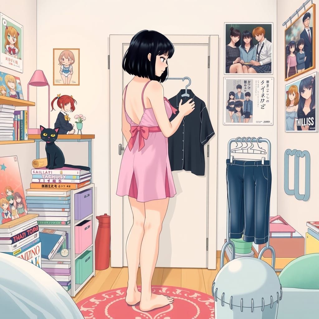 Thai Woman in Pastel Pink Dress Gazing into Mirror