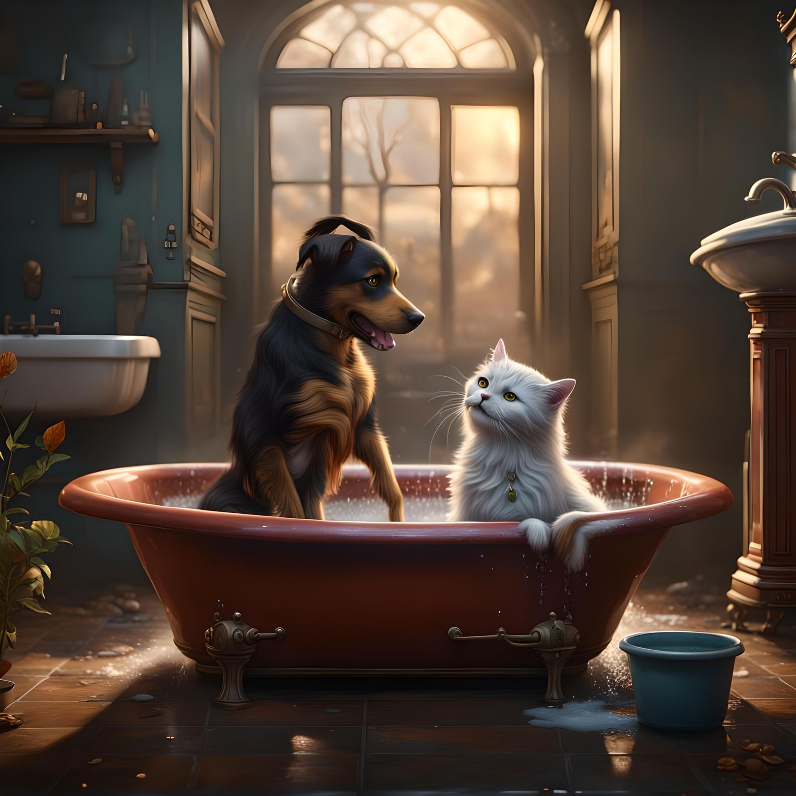 Dog Bathes Cat in Detailed Fantasy Art