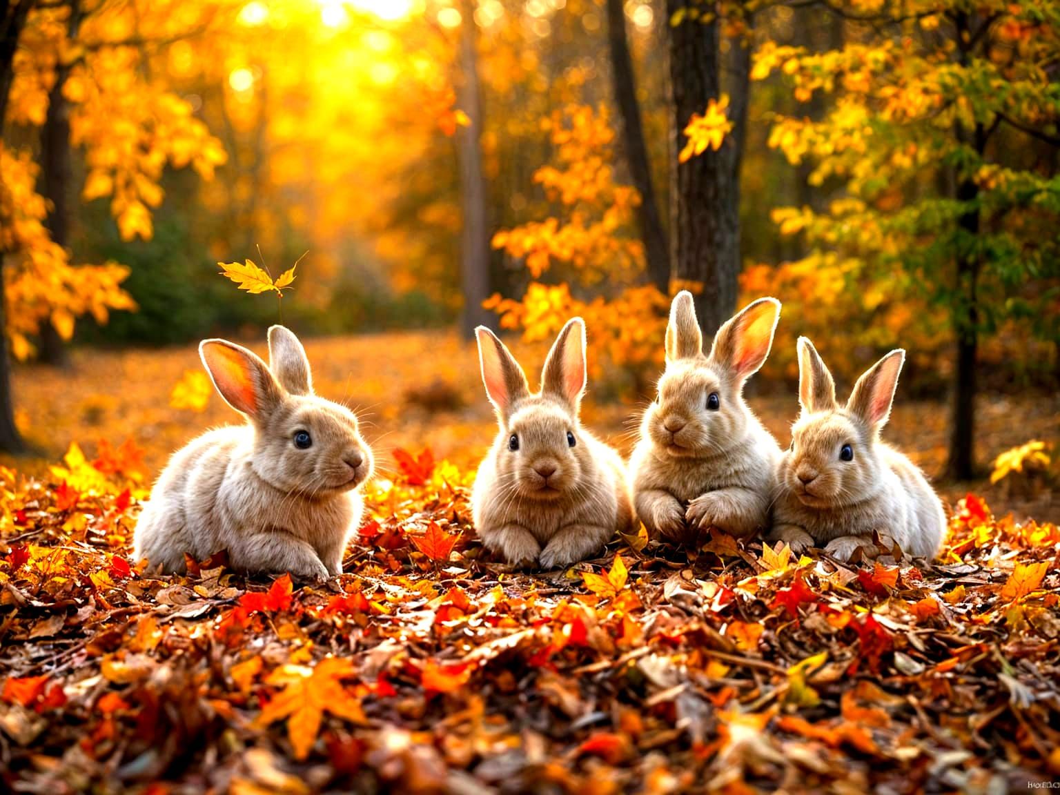 Fluffy Rabbits Play in Autumn Leaves