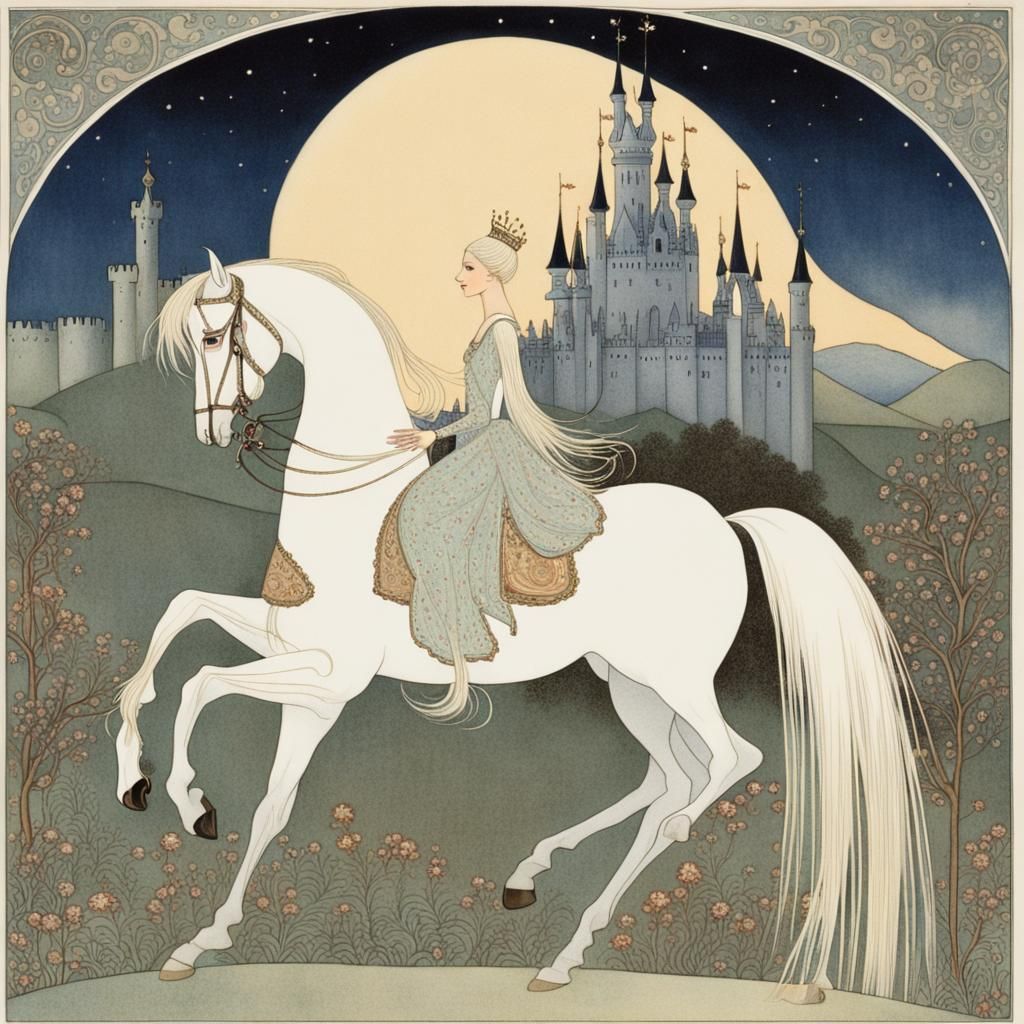 Fairytale Princess on Horseback in Golden Age Style