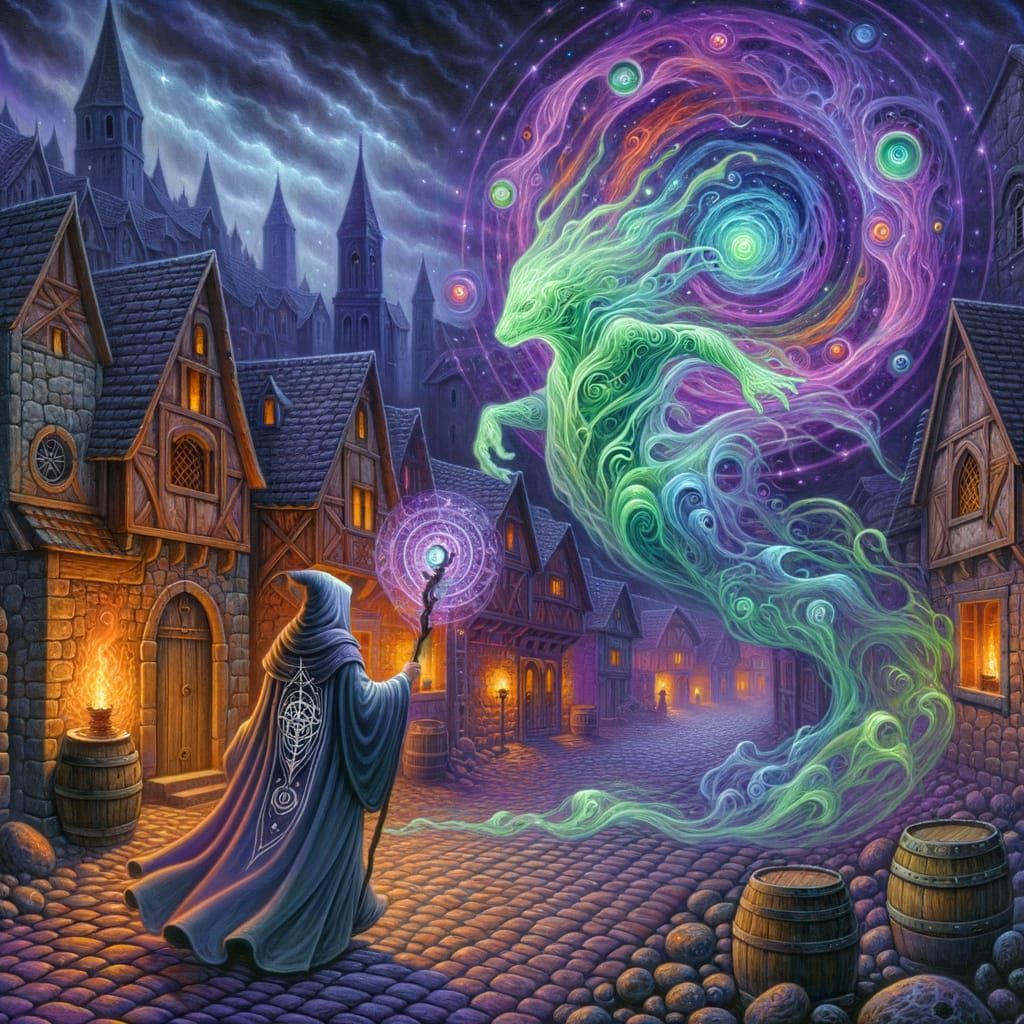 Medieval Fantasy Village Under Mystical Night Sky