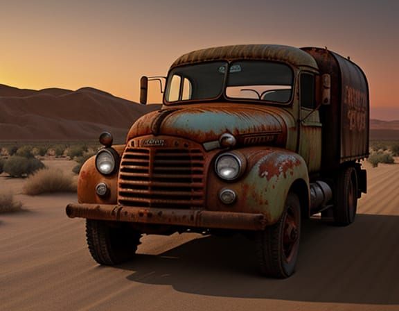 Abandoned Vintage Lorry Tanker in Desert Sunset
