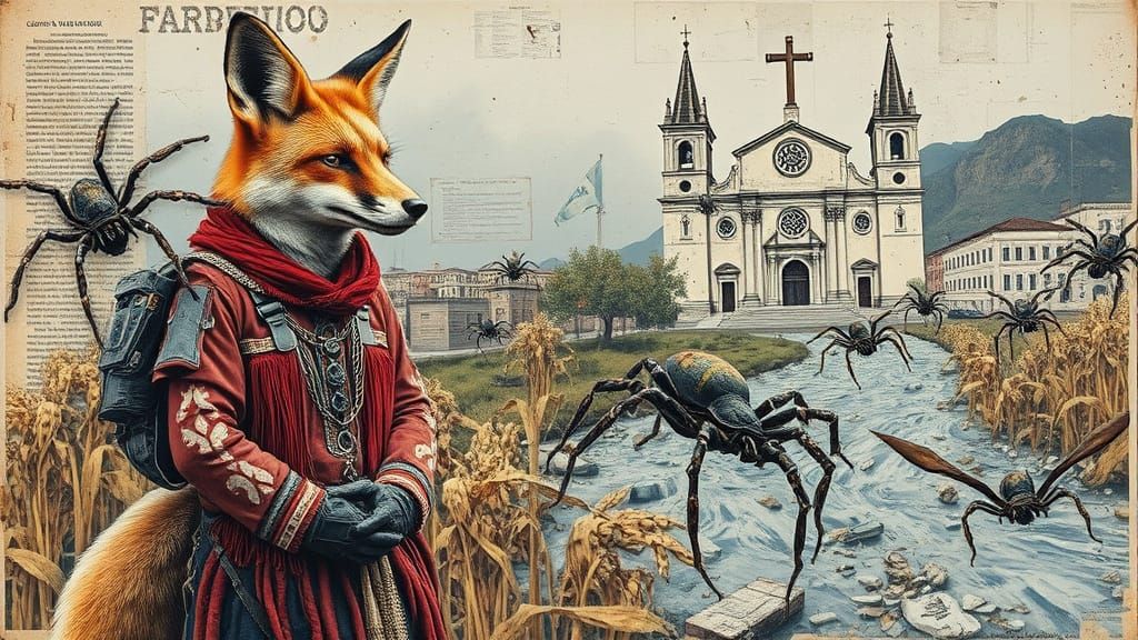 Cyberpunk Fox Spirit Confronts Colonial Church