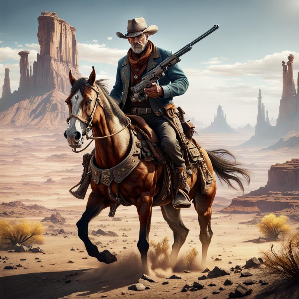 Wasteland Cowboy with Revolver: Detailed Matte Painting