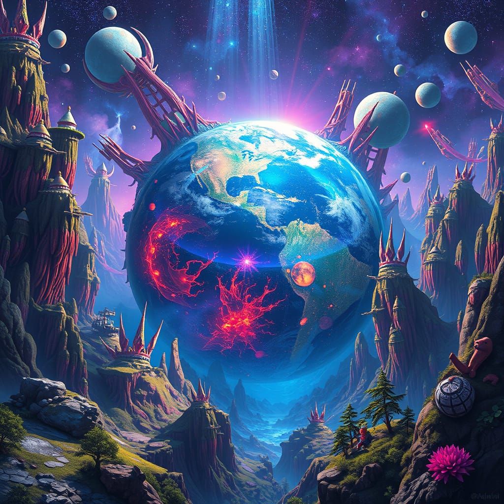Vibrant Earth with Futuristic Landscapes as Digital Art