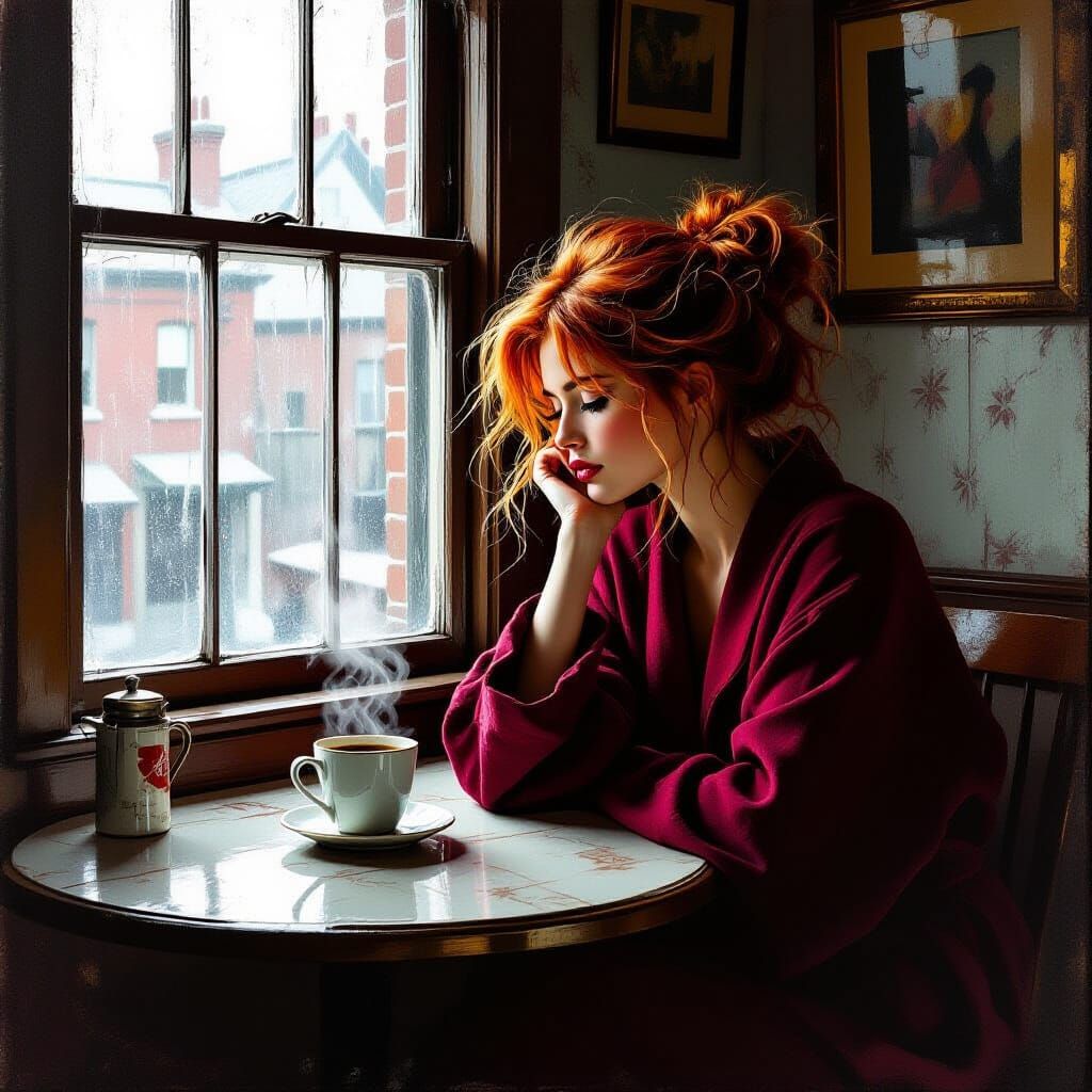 Redhead Enjoys Coffee in Moody Victorian Kitchen