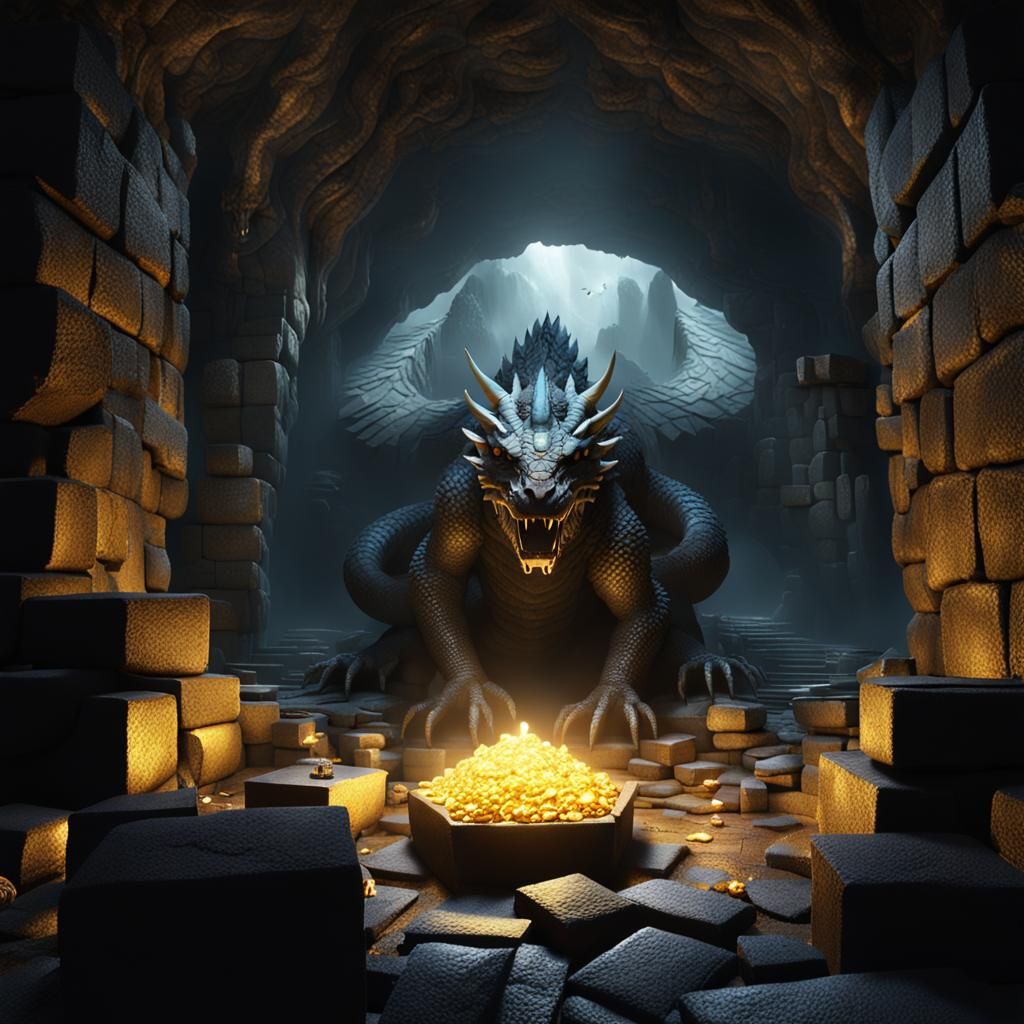 Dragon Guarding Treasure in Dark Cavern