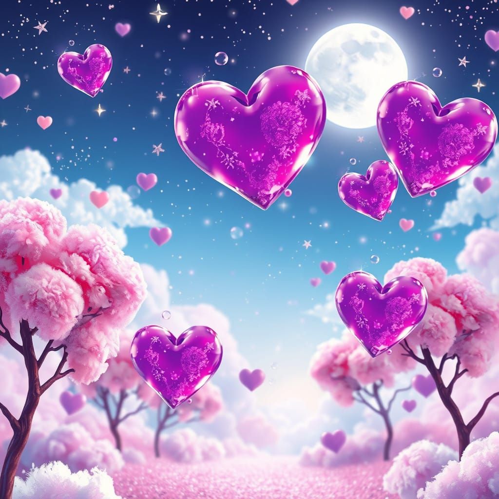 Whimsical Night Sky Filled with Cotton Candy Clouds and Spar...