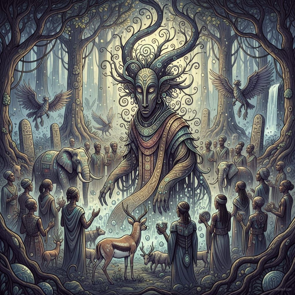 Afrofuturistic Creature in Enchanted Forest Ink Illustration