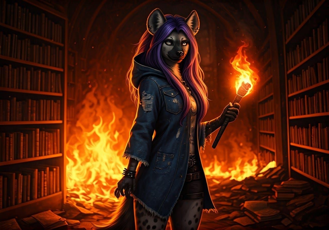 Defiant She-Hyena Ignites Burning Library