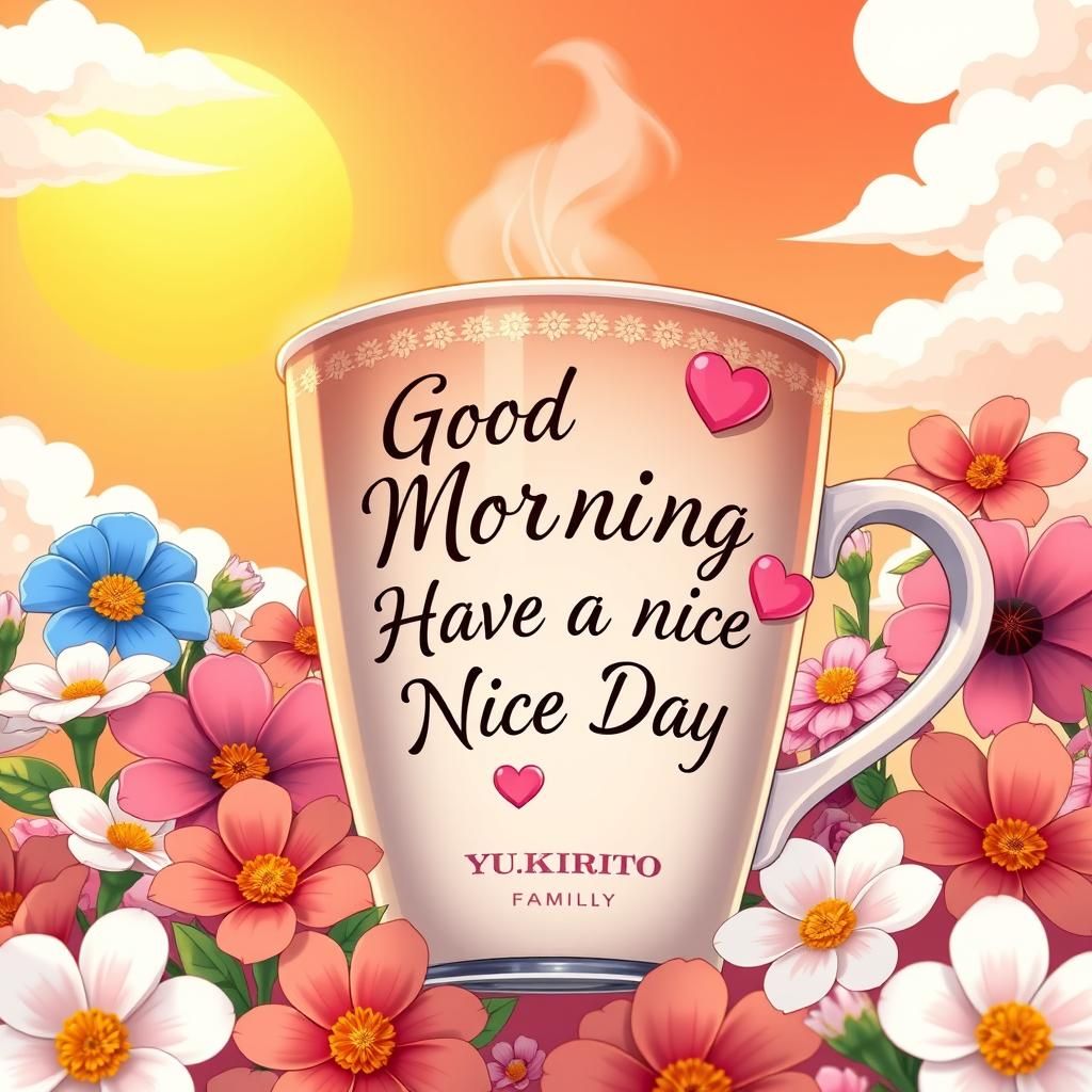Floral Coffee Cup with Positive Message in Anime Style