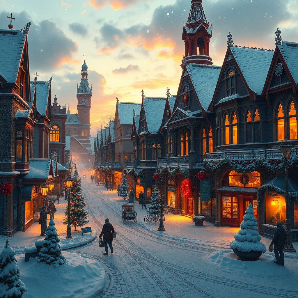 Christmas Town Square at Dusk in Atmospheric Style
