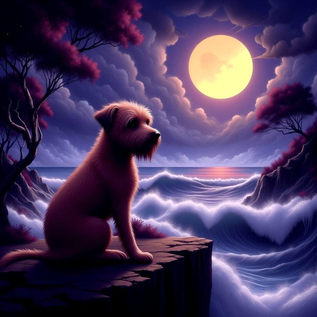 Moonlit Silhouette: Boy and Dog on Cliff