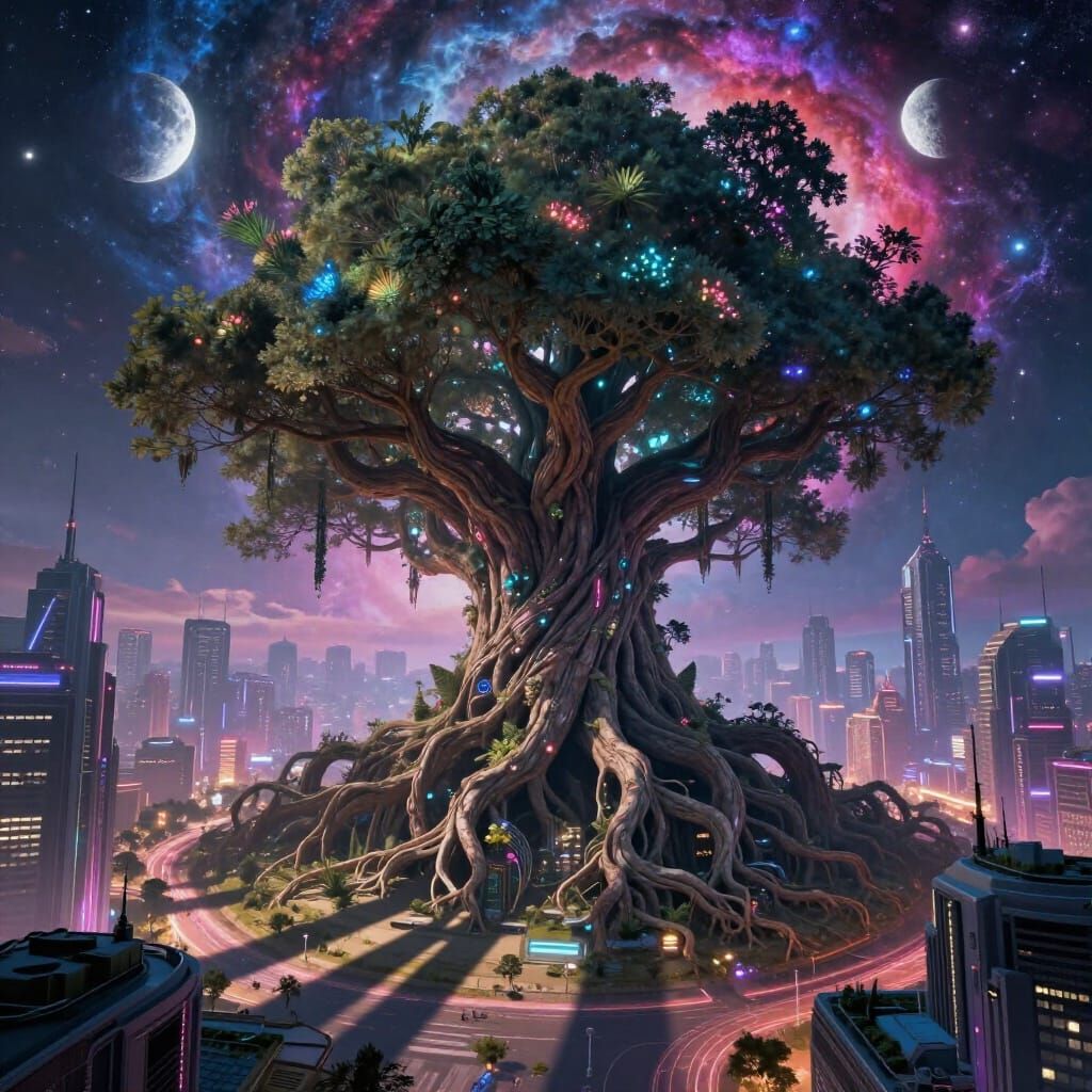Ancient Tree Meets Futuristic City Under Nebula Sky
