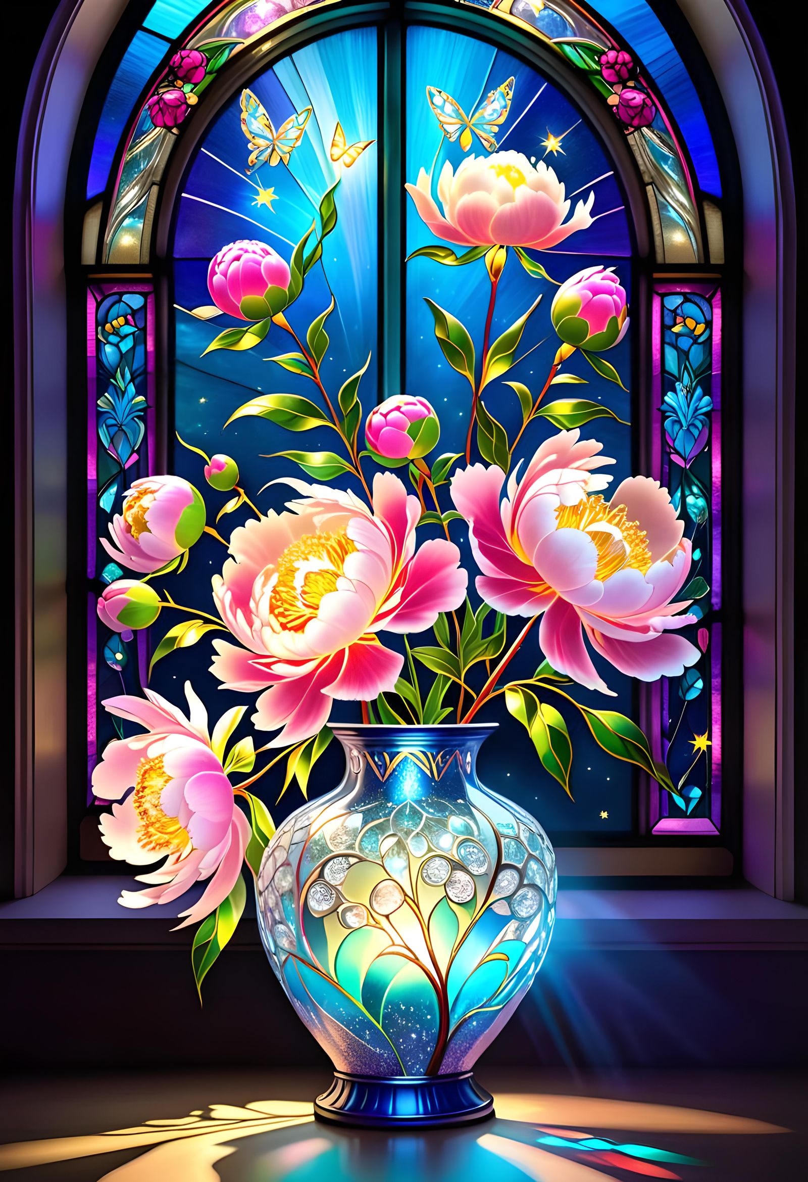 Luminous Stained Glass Window with Peonies