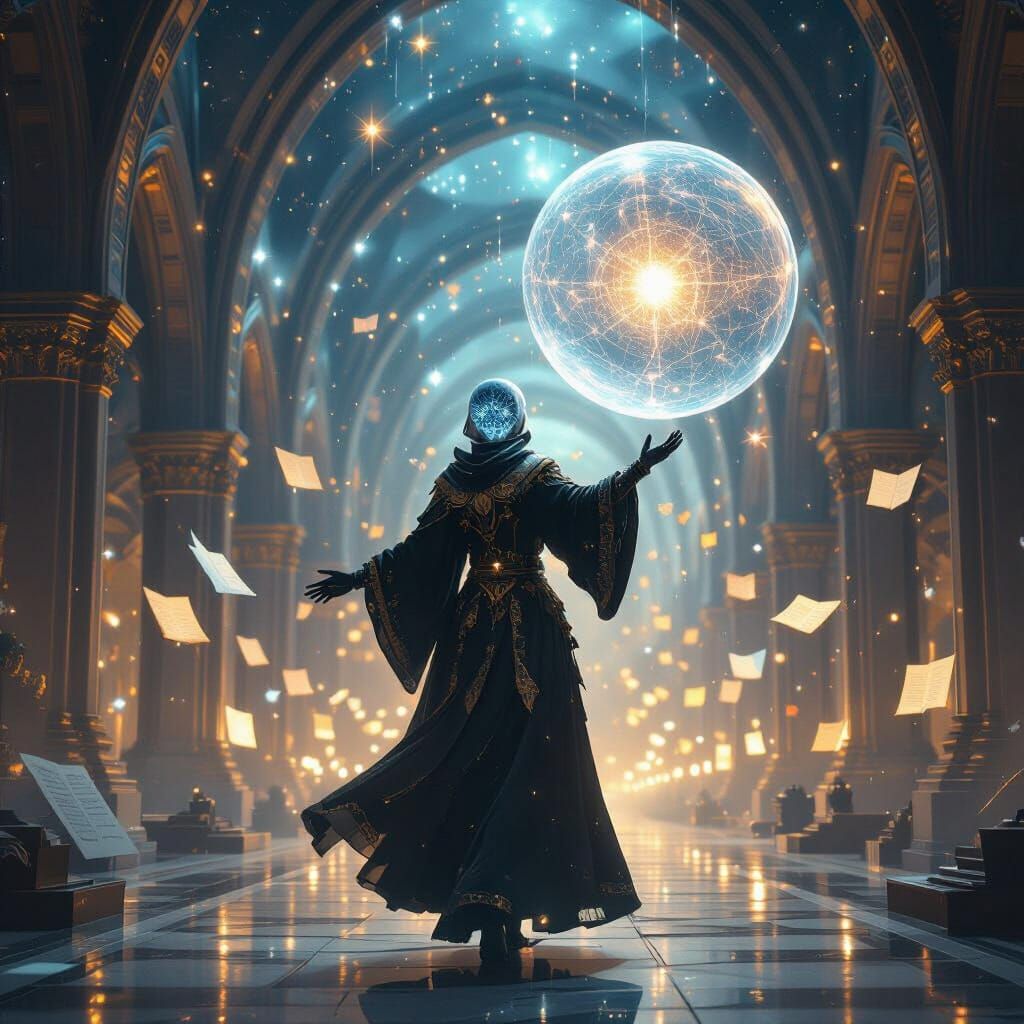 Crystalline Figure Reaching for Thought Sphere in Surreal Ci...