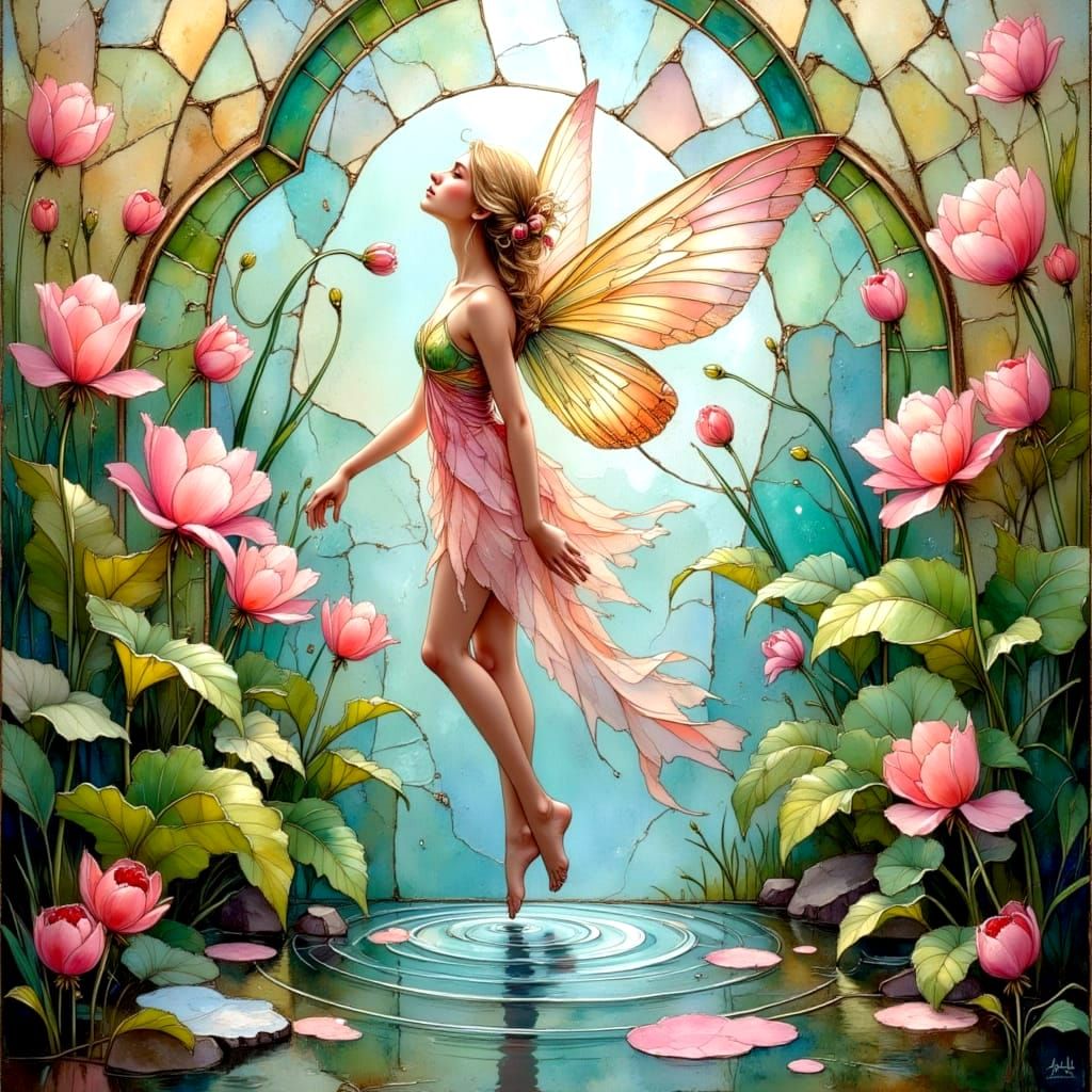 Pastel Mosaic Fairy Landscape with Opals and Gems