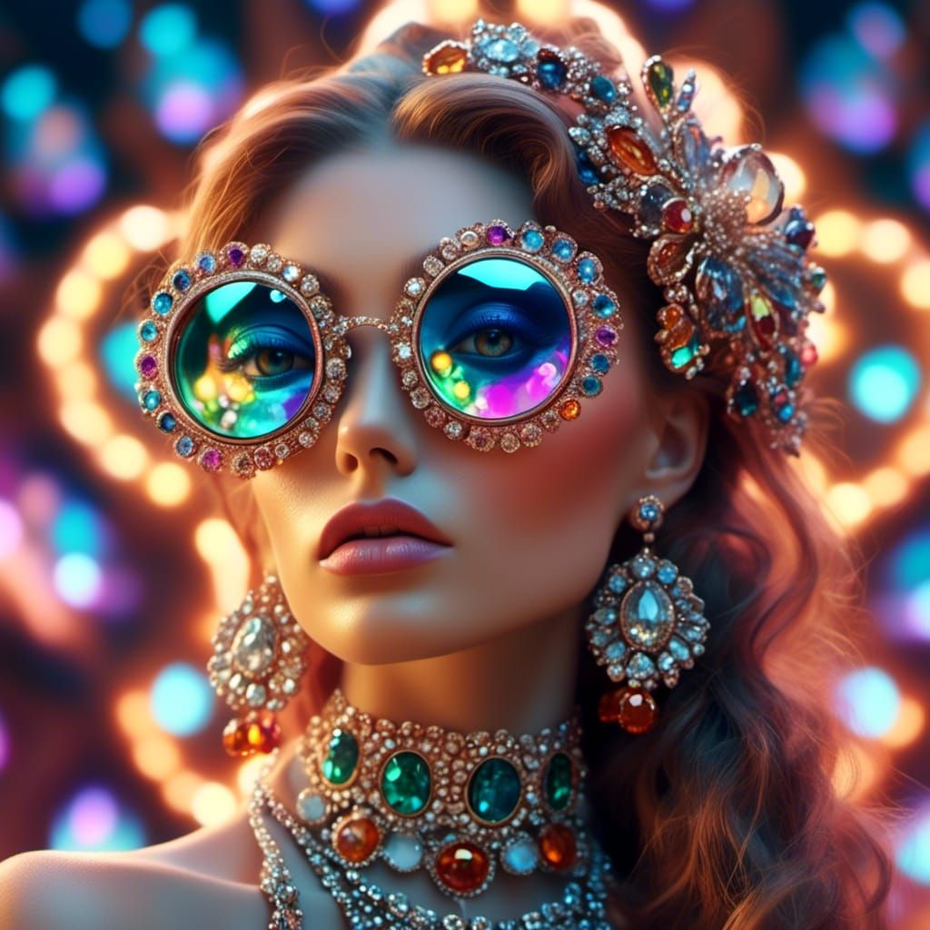 Hyperrealistic Camera Lens Reflecting Jeweled Woman