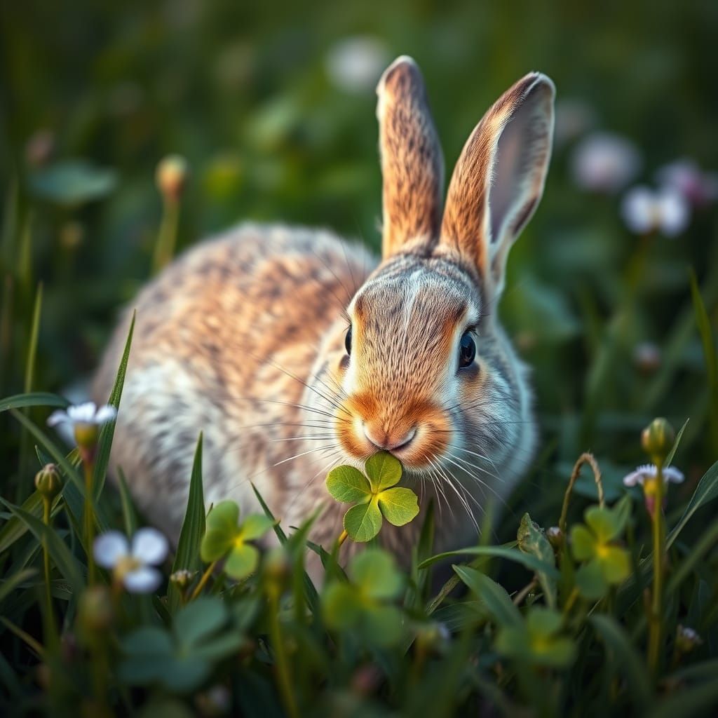 Hyperrealistic Rabbit Nibbling Clover in Lush Meadow
