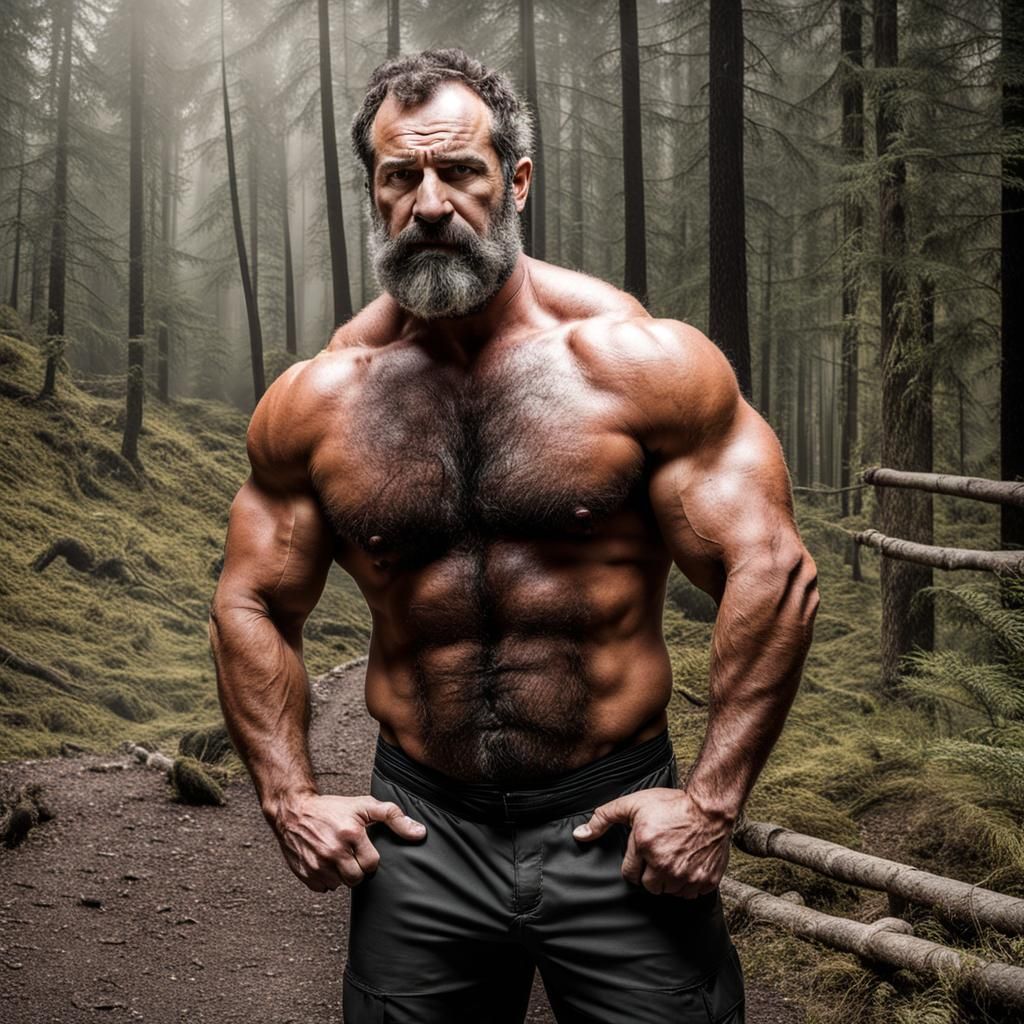 Muscular Hairy Man Working in Forest