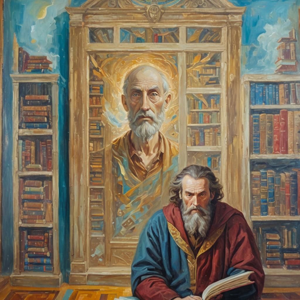 Surrealist Philosopher in Dreamlike Library, Oil Painting