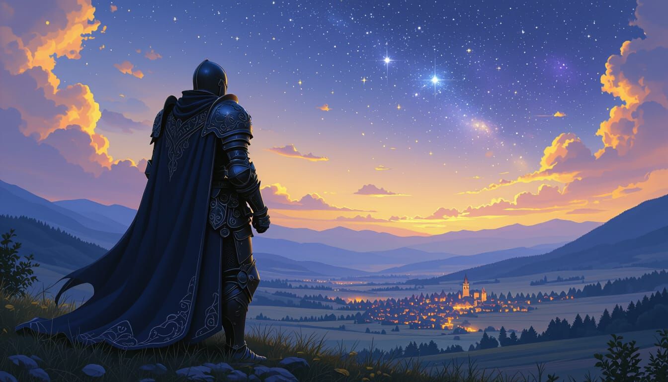 Knight Gazing at Starry Sky in Art Nouveau Style