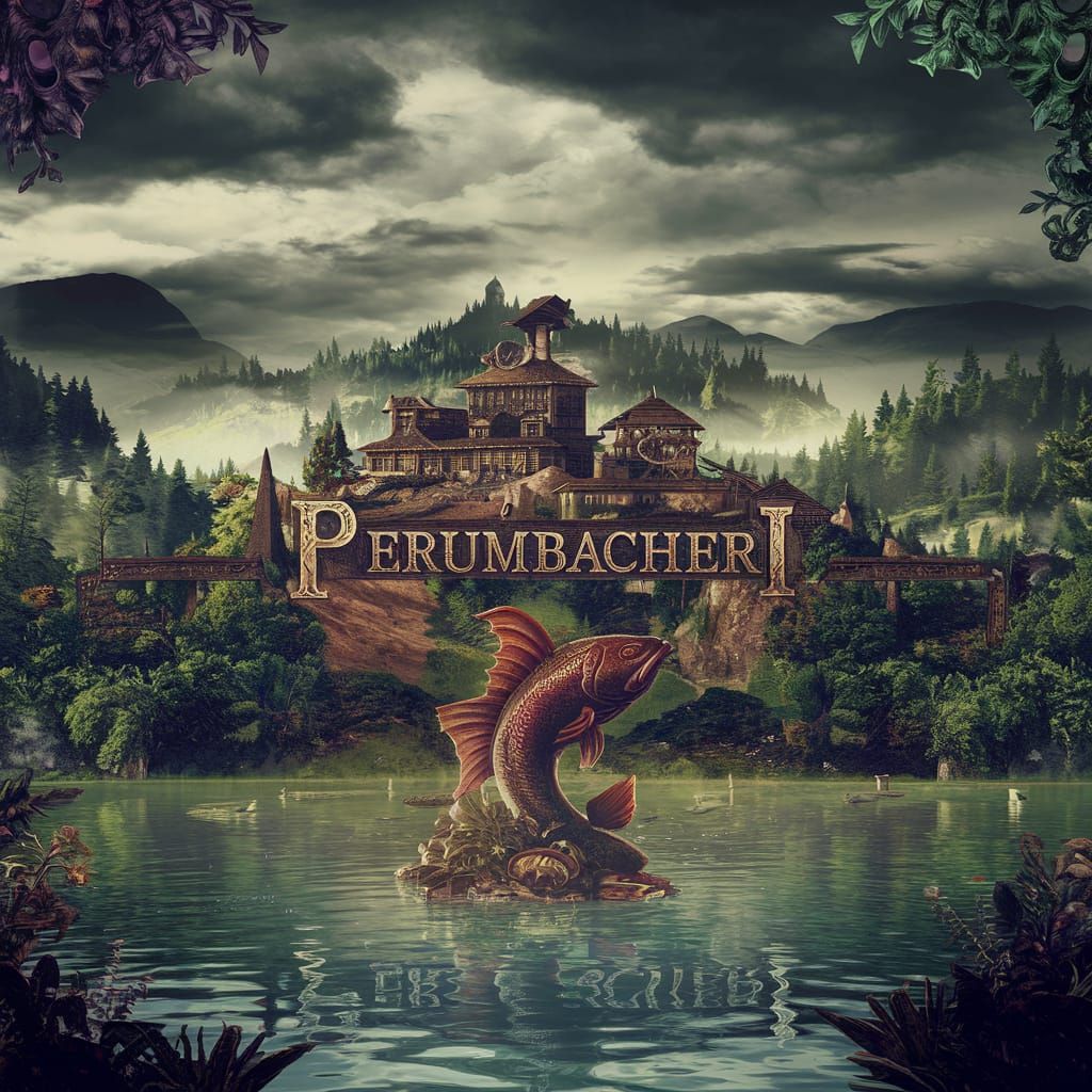 Fantastical Village Scene with Majestic Fish Statue and Lush...